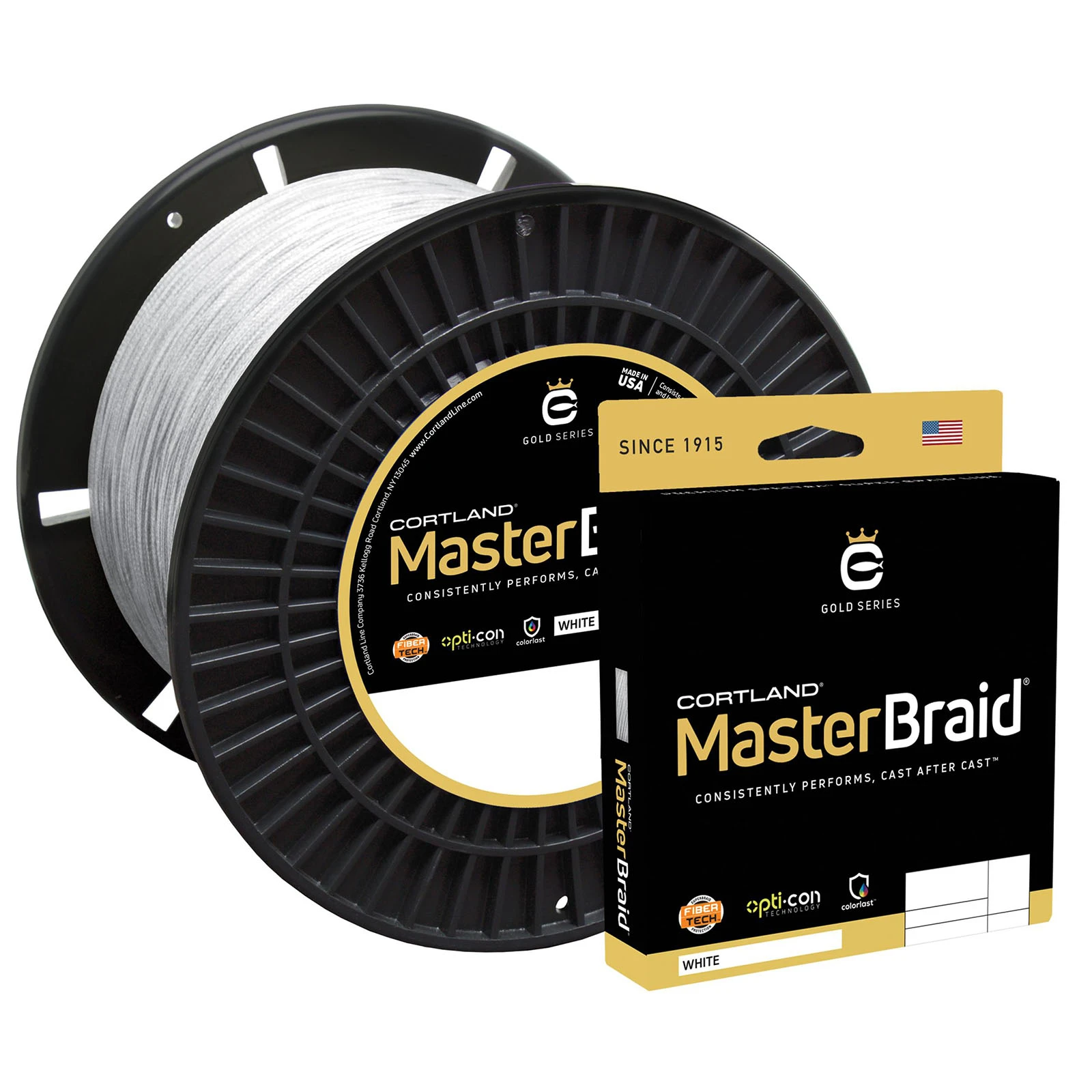 Cortland Master Braid Line White next to a smaller single use spool box