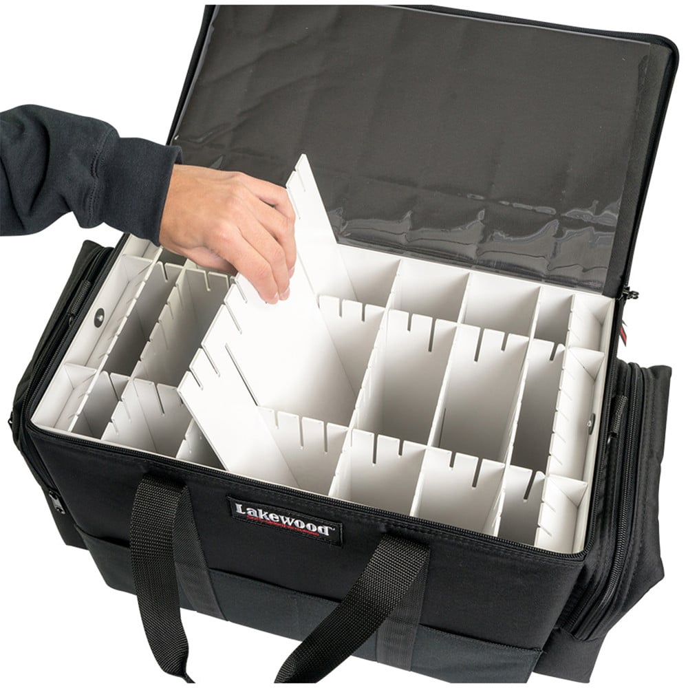 Lakewood Medium Tackle Box open  view of empty dividers and compartments