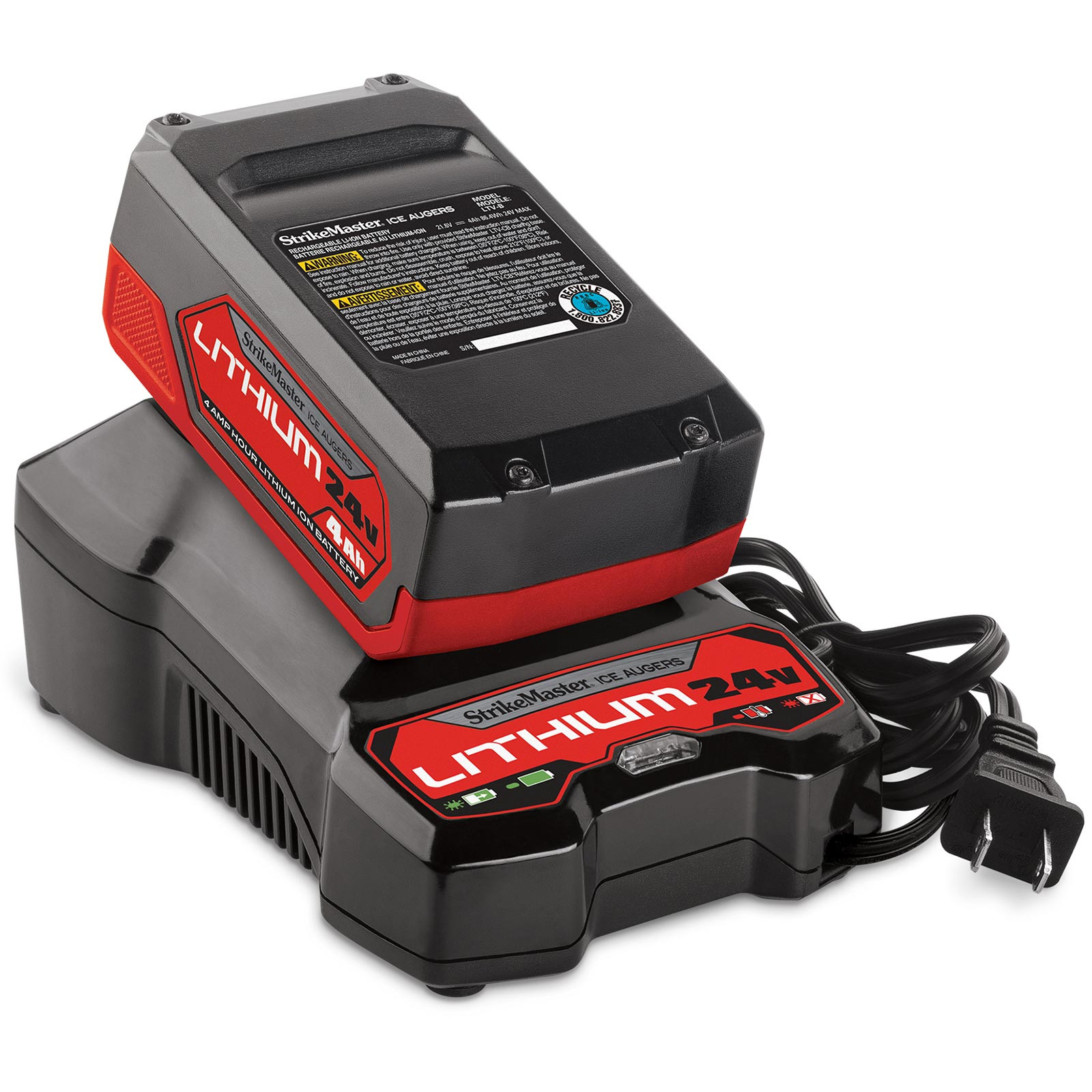 StrikeMaster Lithium 24v Lite-Flite Lazer Ice Auger battery inserted in charger