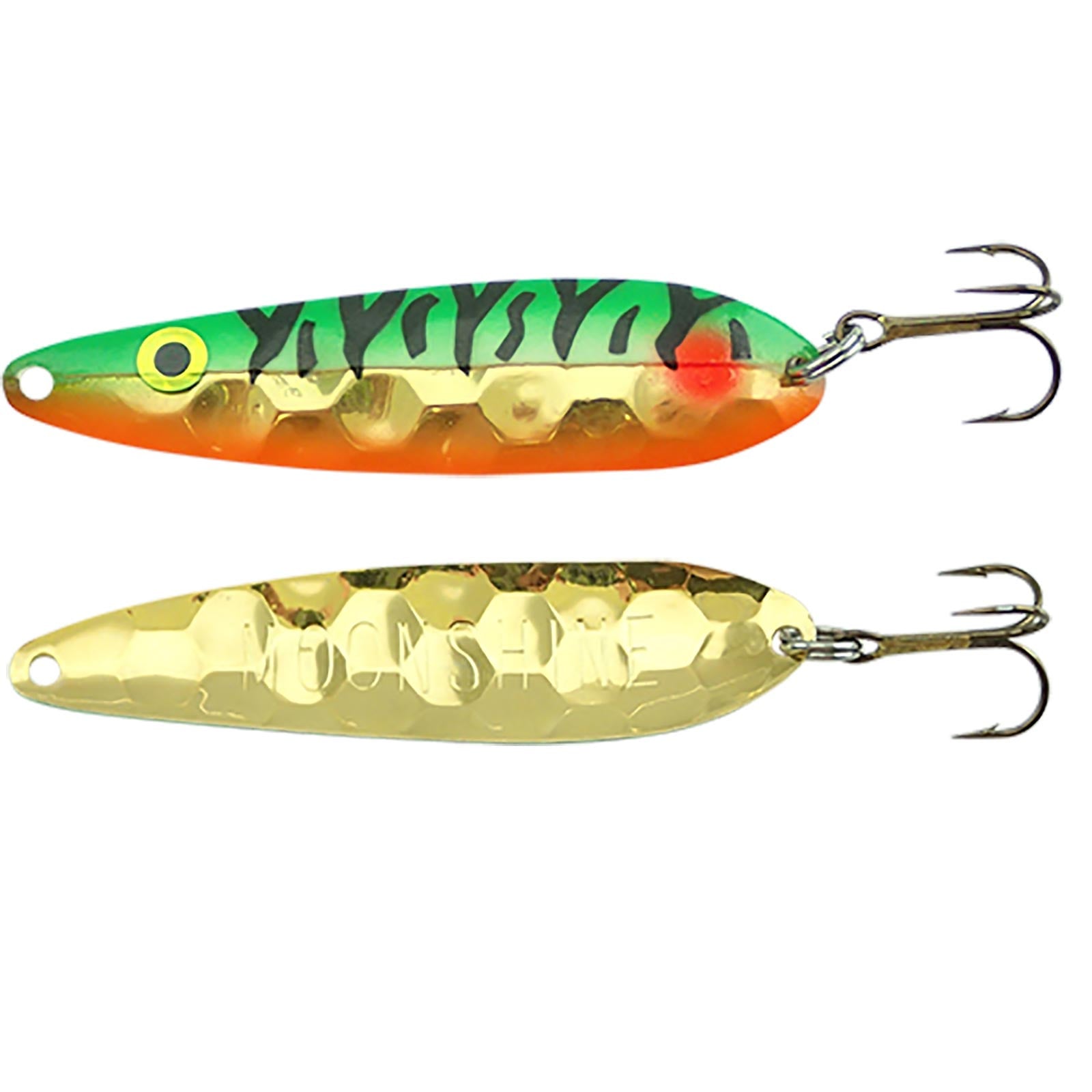 Moonshine Lures Half Moon Walleye Spoon color Wild Perch Gold showing front and back views