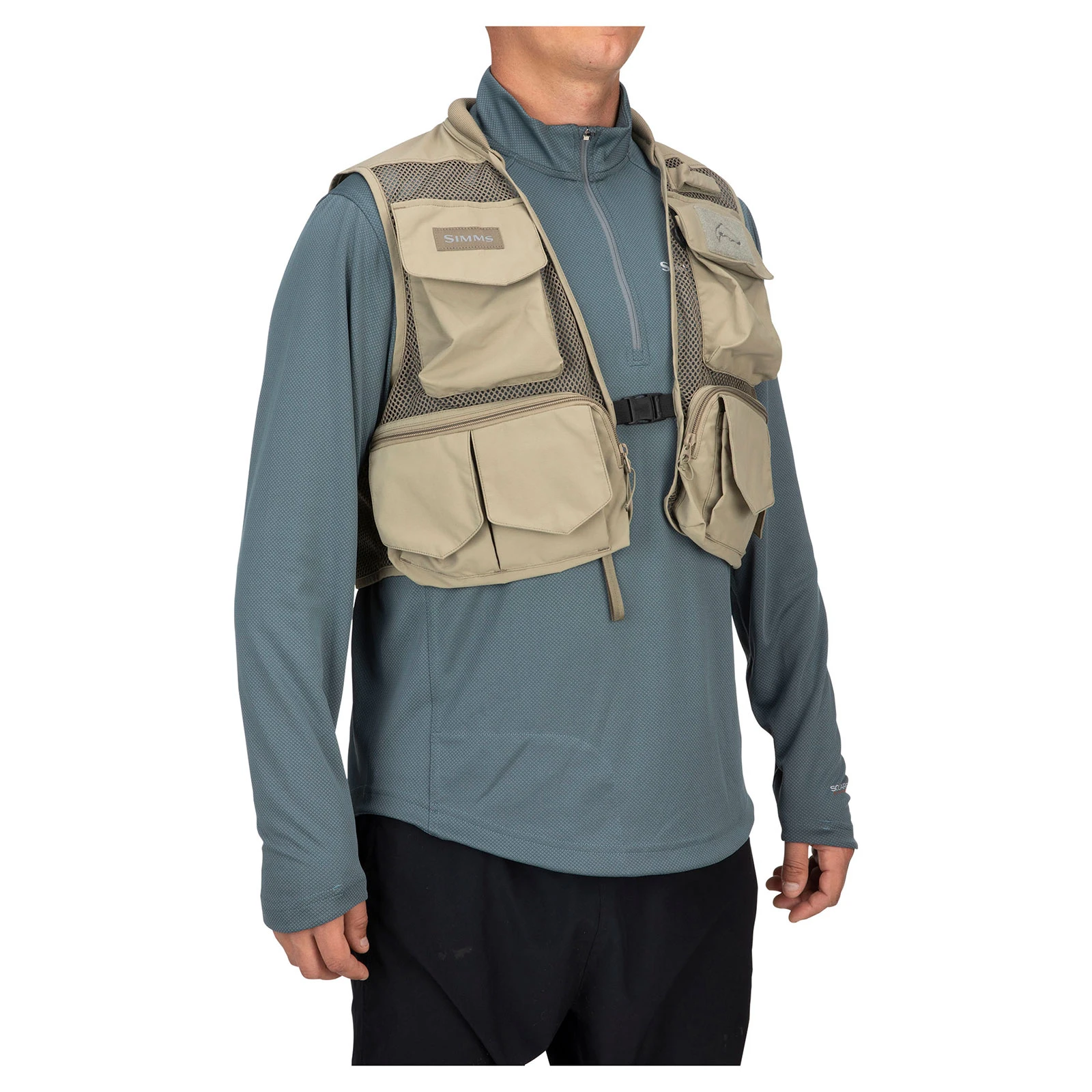 Simms Men's Tributary Fishing Vest on model front view