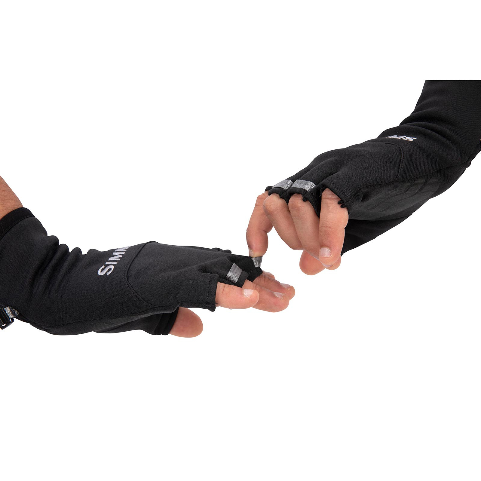 Model's hands demonstrating webbing pull loops on fingers of Simms Men's Freestone Half-Finger Glove
