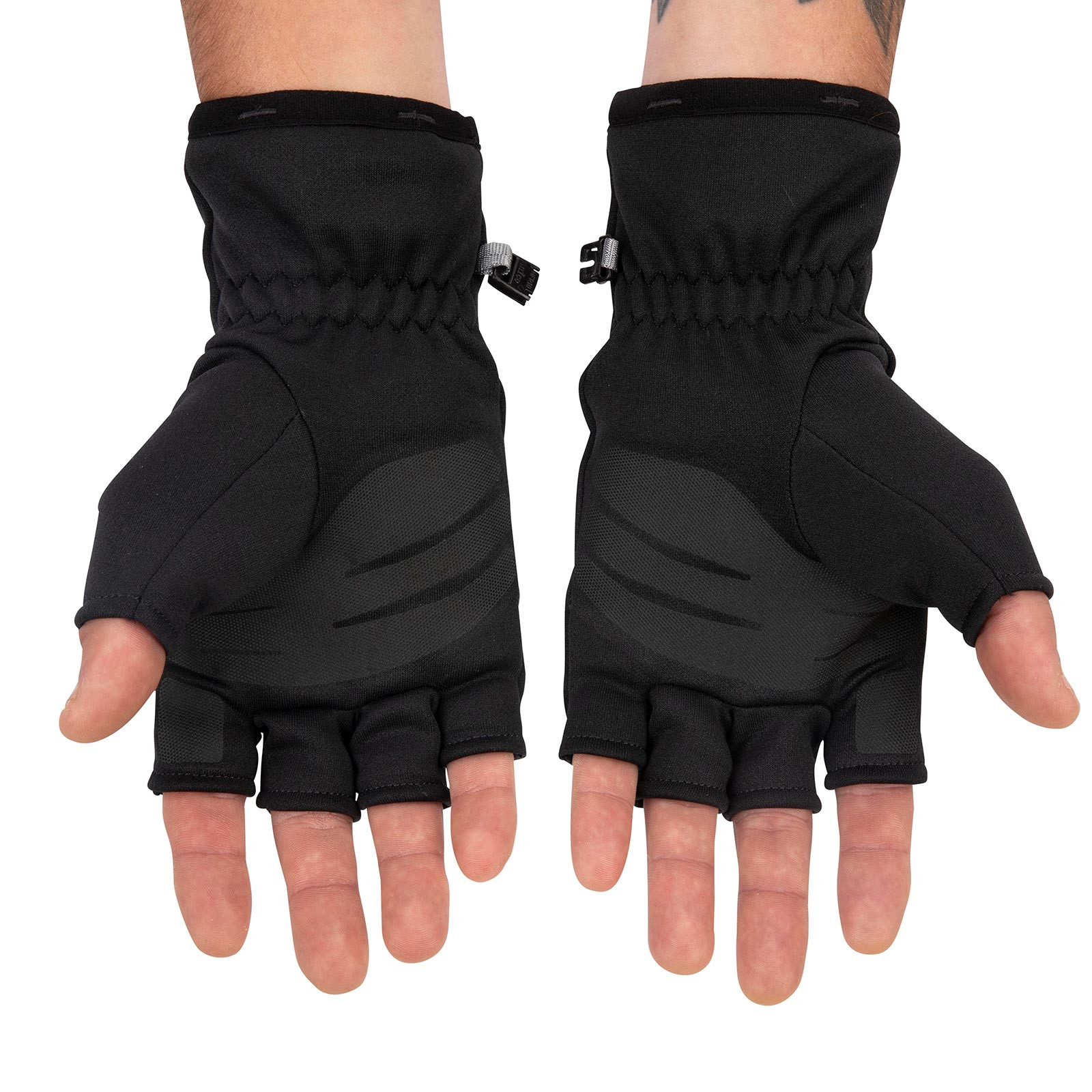 Simms Men's Freestone Half-Finger Glove close up on model's hands displaying TPU overlays on palms