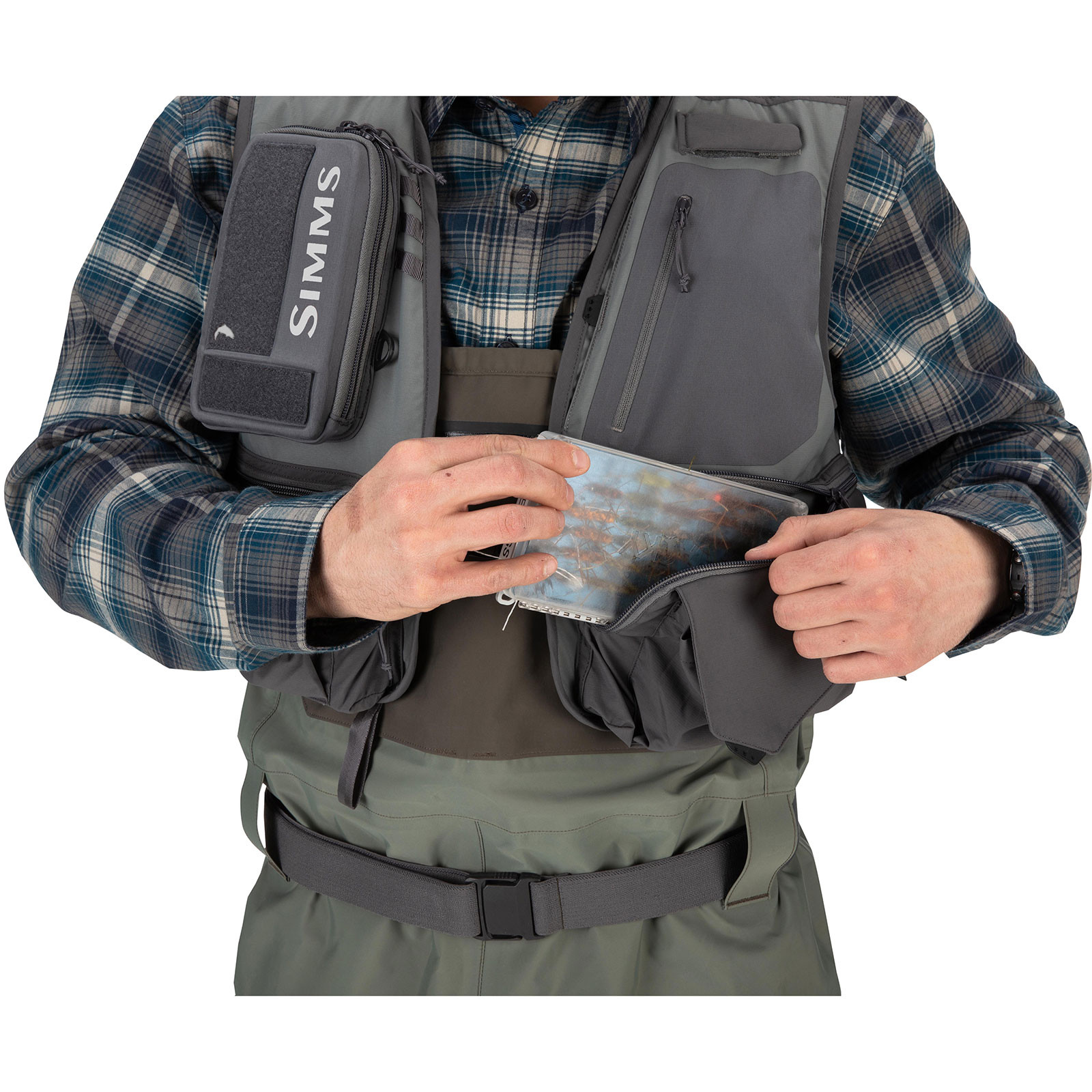 Simms Men's Freestone Vest showing fly box pocket, fly box not included