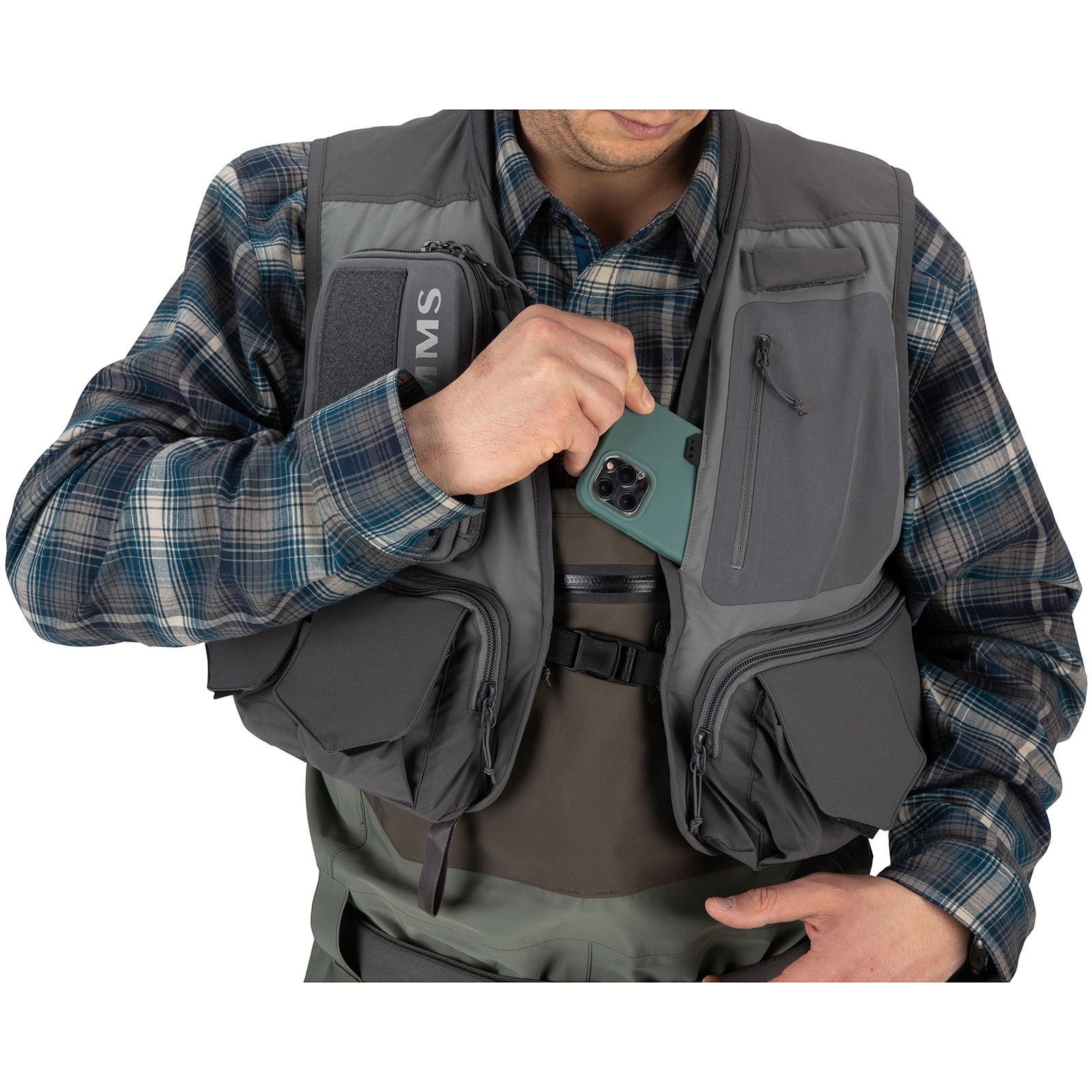 Simms Men's Freestone Vest showing phone pocket, phone not included