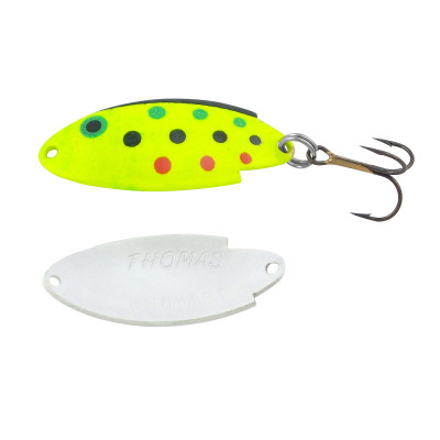  Generic Bundle: Thomas Buoyant Wobbler CastingTrolling Spoons  - One Each of Nickel, Chartreuse, GoldRed and Rainbow Trout. Each Minnow is  1.5 and 16 oz. Also Includes Anglints Fishing ID Holder. 