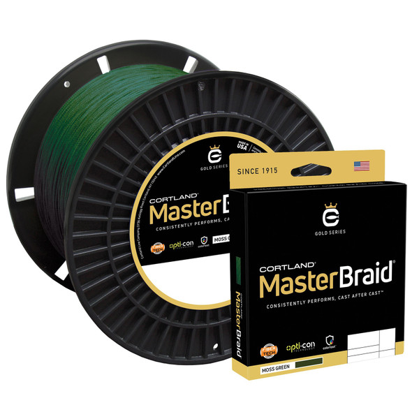 Cortland Master Braid Line Moss Green next to a smaller single use spool box