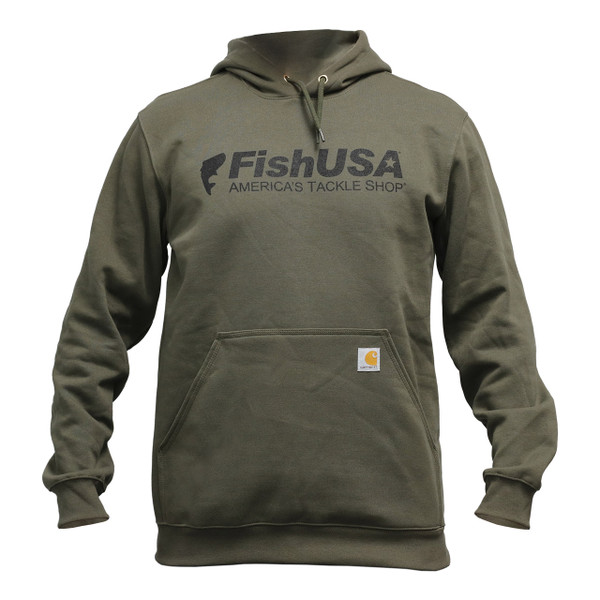 FishUSA Carhartt Covert Hoodie front view showing logo and kangaroo pocket in Moss color.