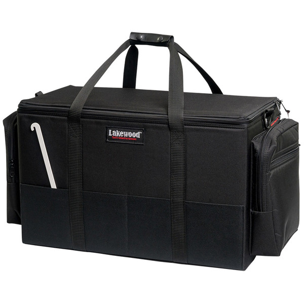 Lakewood Monster Soft-Sided Hard Tackle Box 1/4 turn closed case showing handle and zippered outside pockets