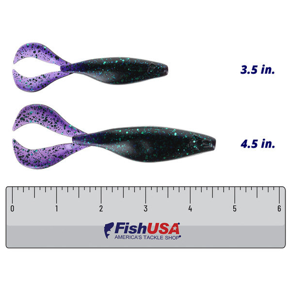 Berkley PowerBait The Deal Soft Bait color June Bug in both sizes (3.5 in., 4.5 in.) above a 6 inch FishUSA ruler