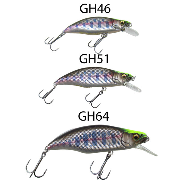 Megabass Great Hunting GH Humpback Crankbait comparing sizes GH46, GH51 and GH64