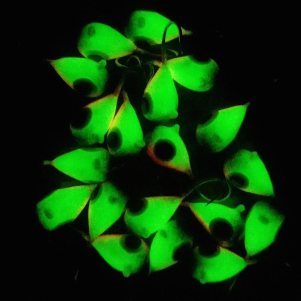 Widow Maker Lures Dropper Series Tungsten Jigs color Glow Pink Black in darkness after charging from light