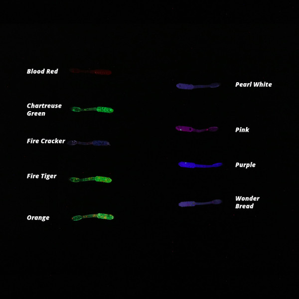 ADK Custom Jigs Assassin Plastic Soft Baits All Available Colors Glowing with the Colors Labeled