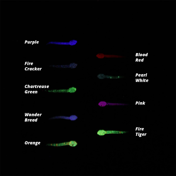 ADK Custom Jigs Tadpole Plastic Soft Baits All Available Colors Glowing in Group Glow Photo