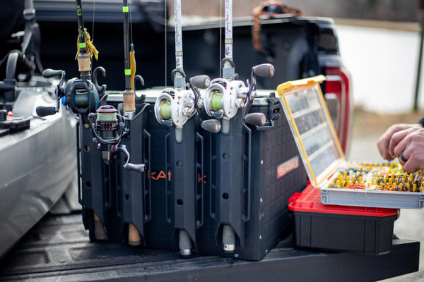 YakAttack BlackPak TetherTube Rod Holder in use on BlackPak Pro Kayak Fishing Crate, not included