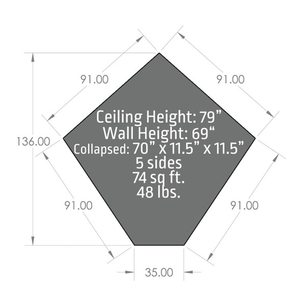 Otter Outdoors VORTEX Pro Thermal Hub Shelter Lodge model dimensions 5 sided height ceiling 79 in., wall 69 in., 74 sf
