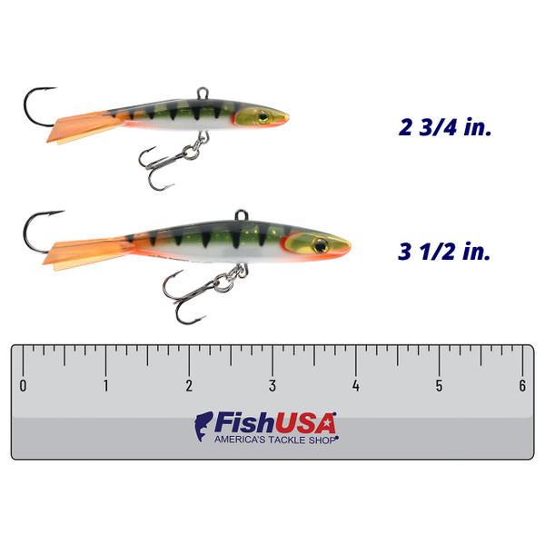 Rapala Jigging Shadow Rap color Nordic Perch in both sizes (2 3/4 in., 3 1/2 in.) above a 6 inch FishUSA ruler