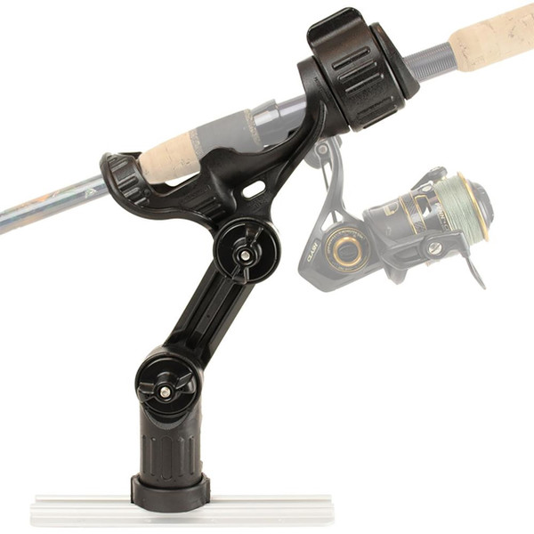 Black YakAttack Omega Pro Universal Rod Holder staged with spinning rod (rod not included)