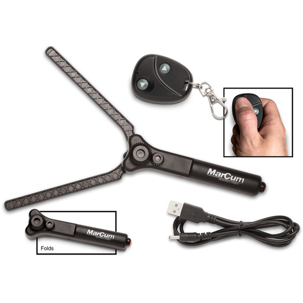 Components of the MarCum Wireless Camera Panner System, including wireless remote, power cable, and camera panner