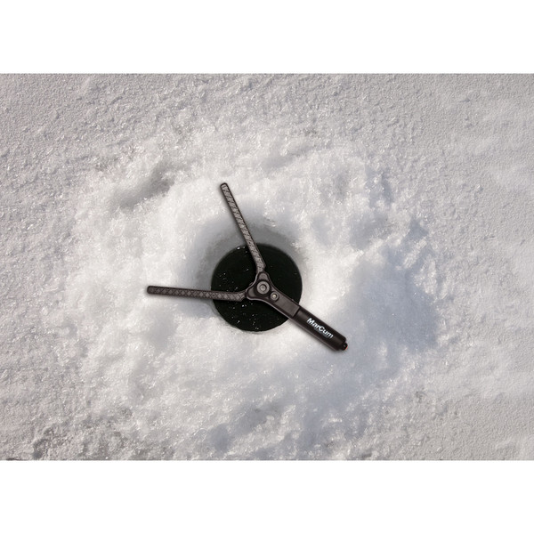 MarCum Wireless Camera Panner System over an ice fishing hole, showing 360° underwater camera control capabilities