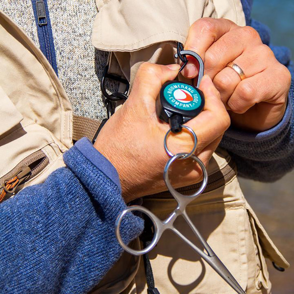 Boomerang Tool Co. Mid-Size Fishing Zinger with Carabiner clipped on jacket