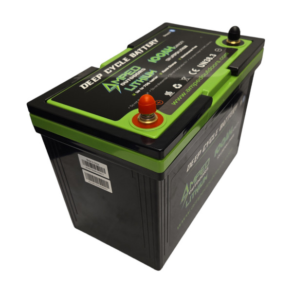Amped Outdoors 12V 100Ah LiFePO4 Lithium Battery—Heated top view