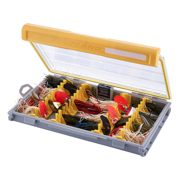 Plano EDGE 3600 Jig/Bladed Jig Box with transparent lid open and showing stored jig lures.