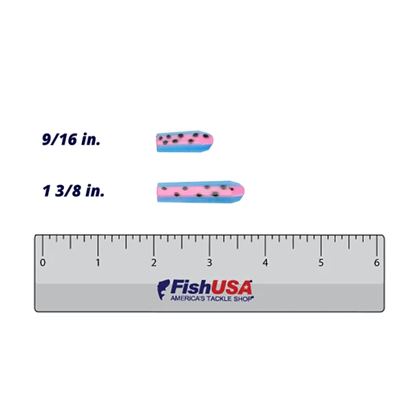 Acme Rattlin' Spinner Body size comparison of 9/16 inch and 1 3/8 inch in color Rainbow on 6 inch ruler