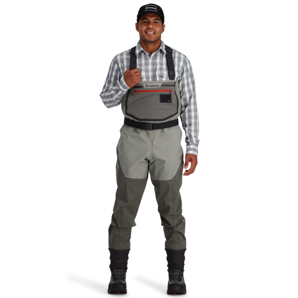Simms Men's Freestone Stockingfoot Chest Waders front view on model Smoke color