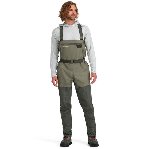 Simms Men's Tributary Stockingfoot Chest Waders Basalt color on Model Front View
