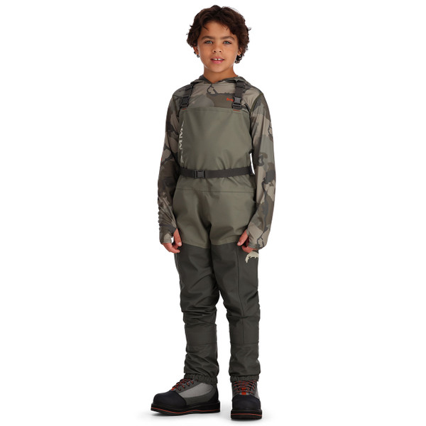Simms Kid's Tributary Stockingfoot Chest Waders on model front view Basalt color