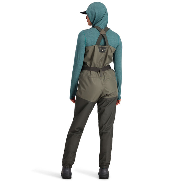 Simms Women's Tributary Stockingfoot Chest Waders back of model Basalt color