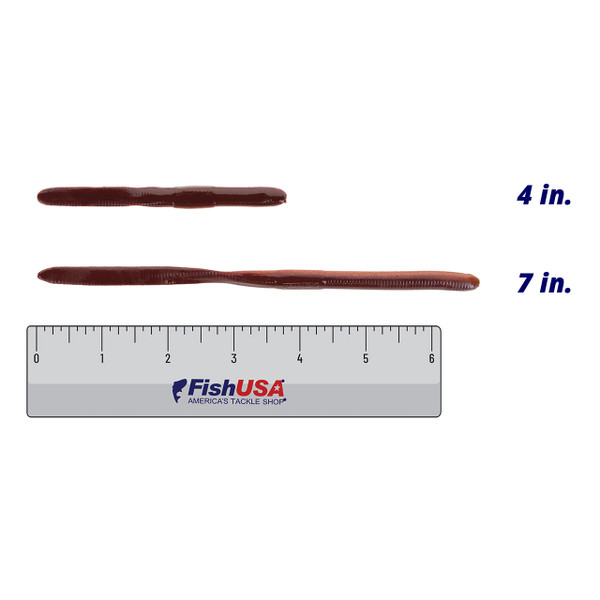 Berkley Gulp! SR Crawler Soft Bait color Nightcrawler in both sizes (4 in., 7 in.) above a 6 inch FishUSA ruler