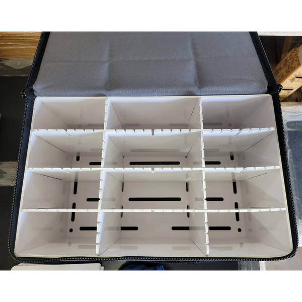 Lakewood Spinnerbait Deposit Box open showing dividers, compartments, hook slots, and drainage slots