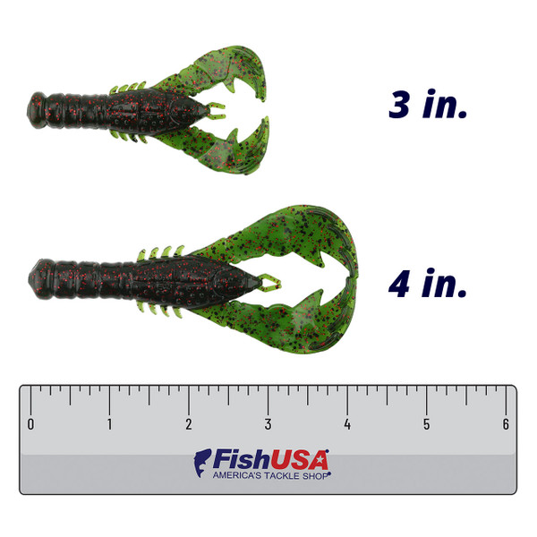 Yamamoto Yama Craw Soft Bait color Watermelon w/ Black/Red Flake in both sizes (3 in., 4 in.) above a 6 inch FishUSA ruler