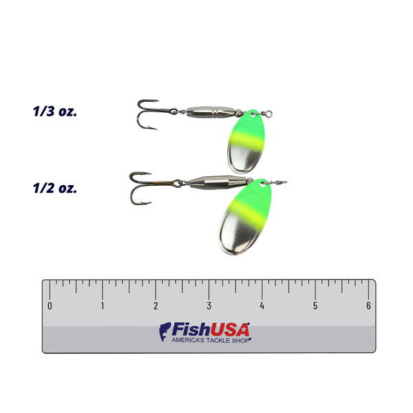 Hofmann's Lures Superior Salmon & Steelhead Spinner size comparison of sizes 1/3 oz and 1/2 oz in color Green Chartreuse using 6 inch ruler