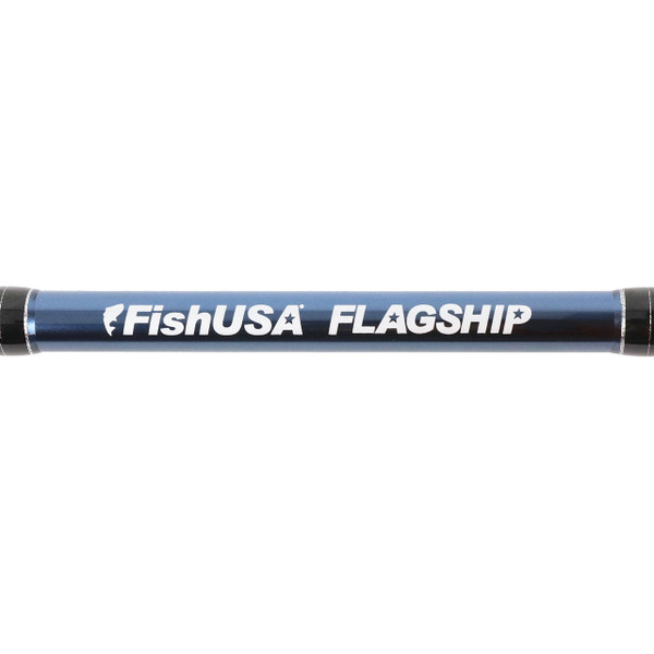 FishUSA Flagship Salmon & Steelhead Spinning Rods logo in white on rod blank with dark blue metallic finish