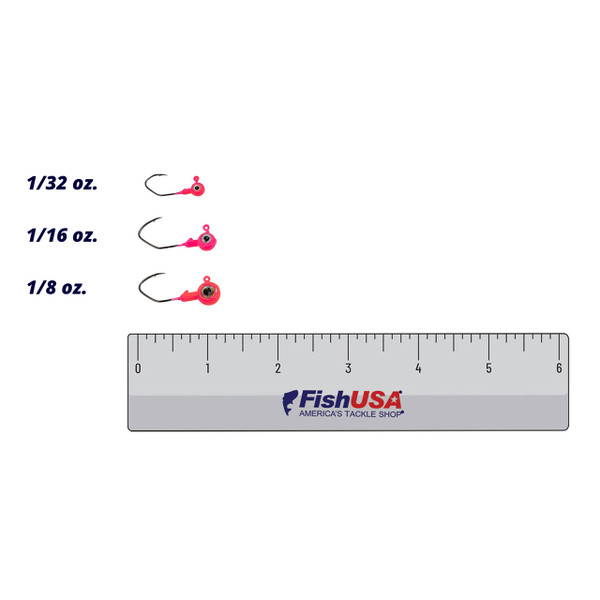 BrushPile Collared Jig Heads comparing sizes 1/32 oz, 1/16 oz and 1/8 oz in color Pink using 6 inch ruler