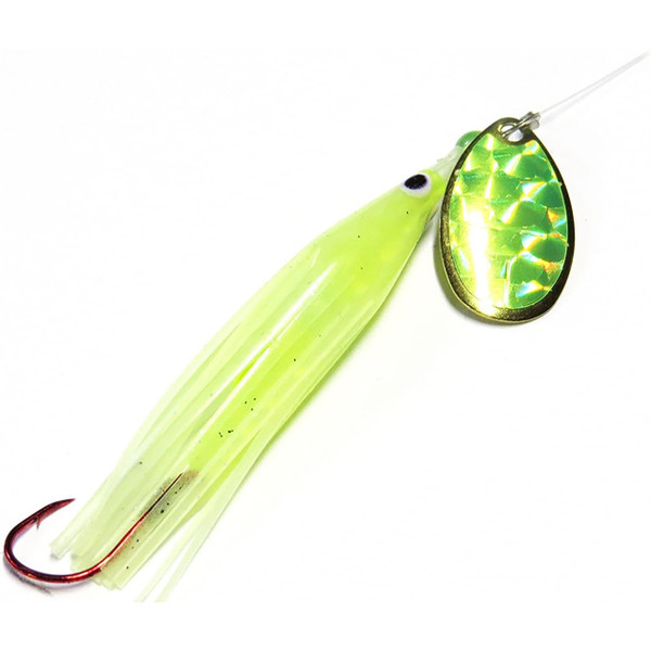 Wicked Lures Trout Killers color Glow-Chartreuse showing flash of blade and red octopus hook