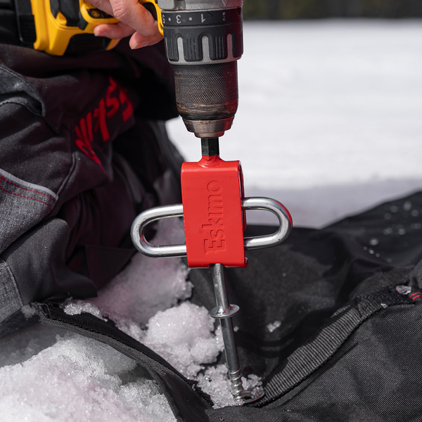 Close up of ice angler using Anchor Install Adaptor included with an Eskimo Drill Quick Connect Kit