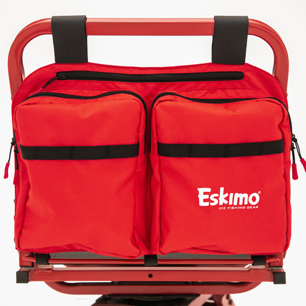 Eskimo Shelter Seat Organizer strapped to seat frame that is for display purposes only and is not included
