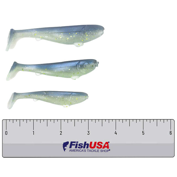 YUM Scottsboro Swimbait color Sexy Shad size comparison of 3 inch 3 1/2 inch and 4 inch models above FishUSA ruler