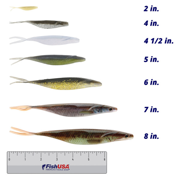 Deps Sakamata Shad Soft Jerkbait in color Wakasagi (2 in.), Silver Shiner (4 in.), Purple Shad (4 1/2 in.),  Watermelon Pro Blue (5 in.), and Golden Shiner (6 in.), Pearl Wakasagi (7 in.), Real Baby Bass (8 in.)  above a 6 inch FishUSA ruler