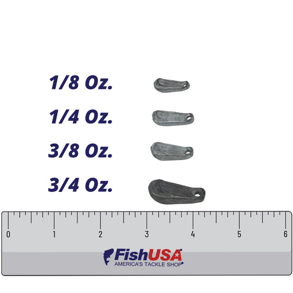 Lindy Walking Slip Sinker Comparison 1/8, 1/4, 3/8, and 3/4 oz. size shapes and lengths over a FishUSA ruler