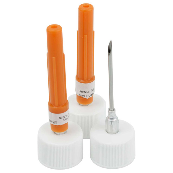 Pro-Cure Bait Injector Caps With Needles image showing a 14 gauge needle and 2 capped needles