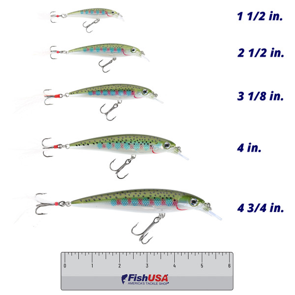 Rapala X-Rap color Rainbow Trout in all sizes (1 1/2 in., 2 1/2 in., 3 1/8 in., 4 in., 4 3/4 in.) above a 6 inch FishUSA ruler