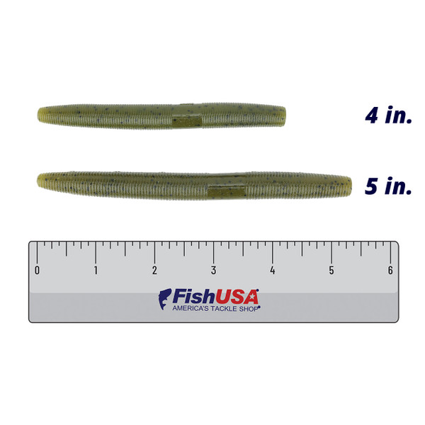 Yamamoto Fat Senko color Green Pumpkin w/ Black flake in both sizes (4 in., 5 in.) above a 6 inch FishUSA ruler