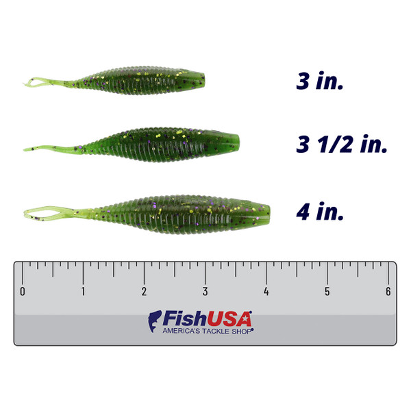 Yamamoto Scope Shad color Spanish Moss in all sizes (3 in., 3 1/2 in., 4 in.) above a 6 inch FishUSA Ruler