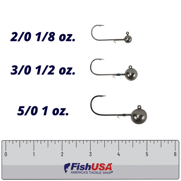 Queen Tackle LS Tungsten Jig Head size comparison of 2/0 hook 1/8 oz., 3/0 hook 1/2 oz., and 5/0 hook 1 oz.