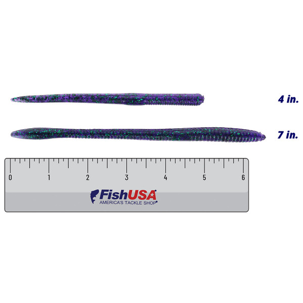 Z-Man Finesse Wormz color June Bug in both sizes (4 in., 7 in.) above a 6 inch FishUSA ruler